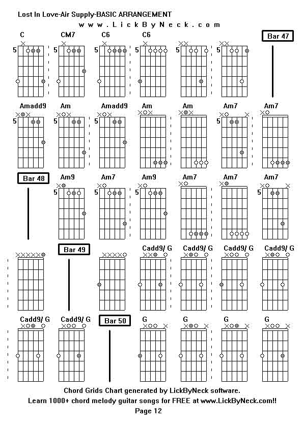 Chord Grids Chart of chord melody fingerstyle guitar song-Lost In Love-Air Supply-BASIC ARRANGEMENT,generated by LickByNeck software.